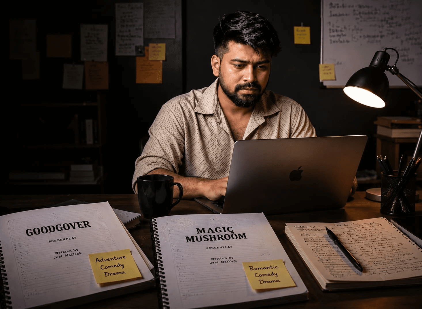 Jeet Mallick writing at his desk